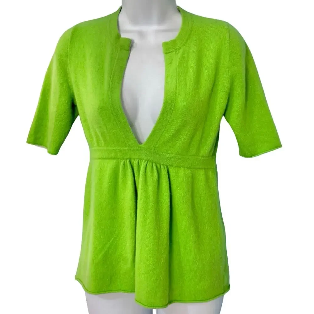 J. Crew Y2K Bright Green V-Neck Short Sleeve Lightweight Cashmere Sweater Size S